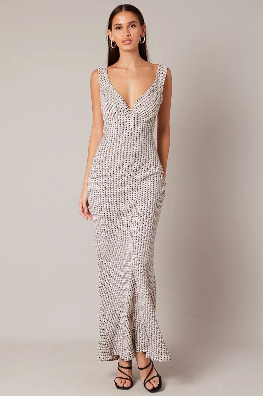 Soft Satin Slip Dress for Relaxed Days -Women's Slip Dress with Sheer Satin Detail -Beige Geo Slip Dress Maxi