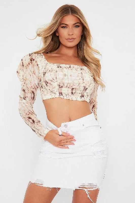 Women's Modern Top -Beige Marble Print Ruched Crop Top - Tina