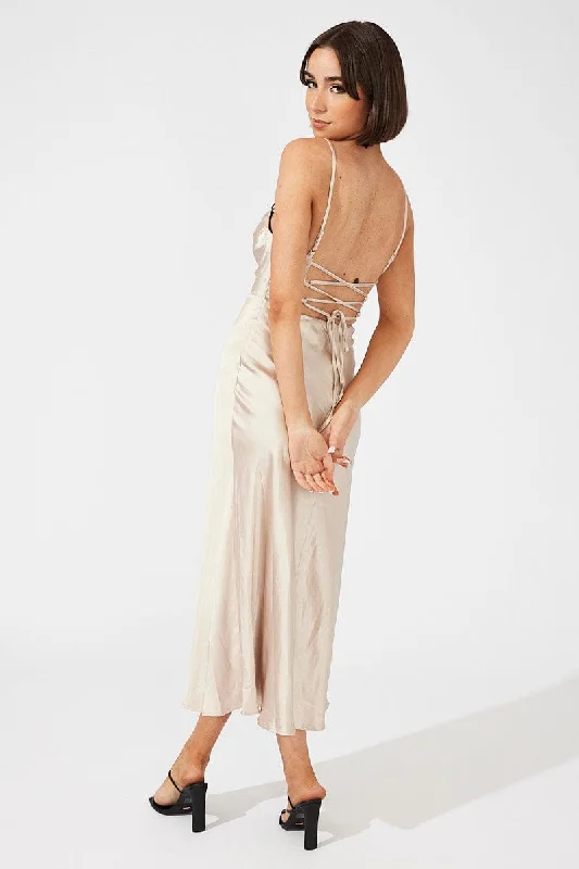 Satin Slip Dress with Open Front -Lace Satin Slip Dress for Cocktail Party -Beige Midi Dress Sleeveless Cowl Neck Satin Slip Lace