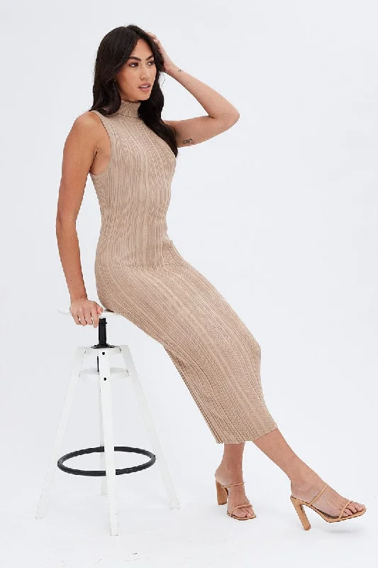 Women's Satin Bodycon Dress -Beige Midi Dress Turtle Neck Bodycon Knitted Rib