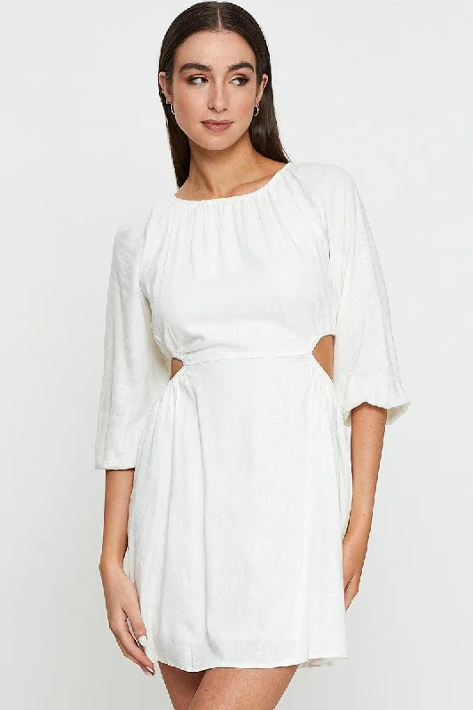 Women's Geometric Print Mini Dress-Beige Mini Dress Short Sleeve Linen
