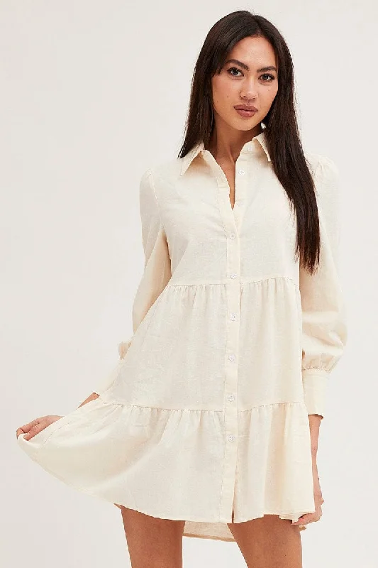 Printed Shirt Dress-Beige Shirt Dress Long Sleeve Button Front