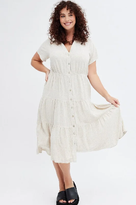 Summer Button-down Shirt Dress-Beige Shirtdress Midi Button Linen Blend Short Sleeve
