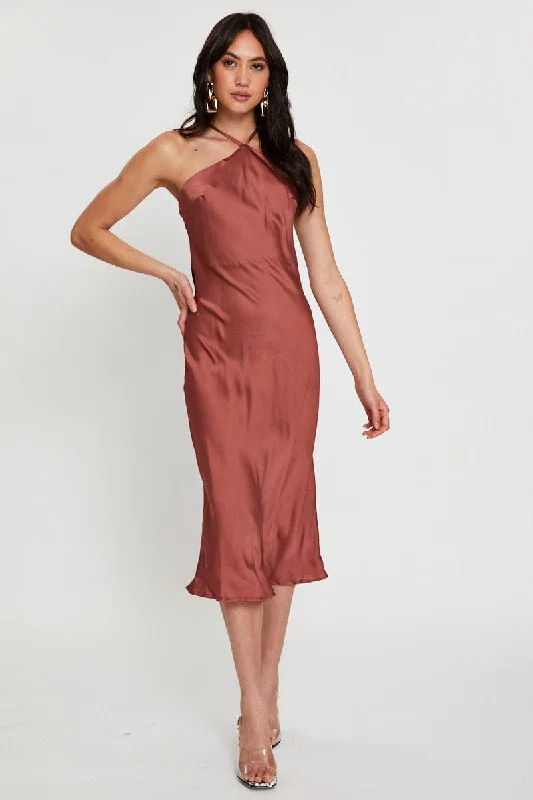 Long Satin Slip Dress for Evening -Sexy Satin Slip Dress for Formal Wear -Beige Slip Dress Halter Neck