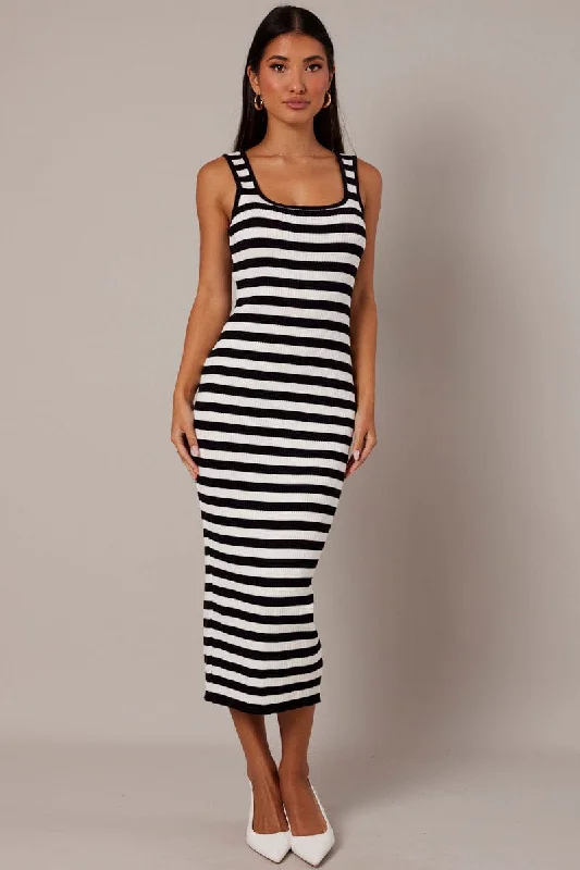 Plus Size Black Bodycon Dress -Beige Stripe Knit Midi Dress Sleeveless Scoop Neck Bodycon Rib Plus Size Black Bodycon Dress -Beige Stripe Knit Midi Dress Sleeveless Scoop Neck Bodycon Rib