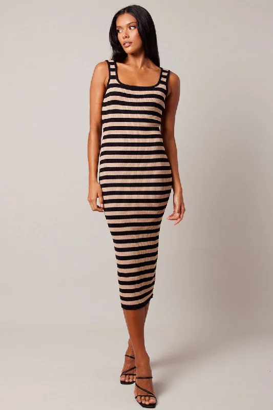 Women's Satin Bodycon Dress with Open Back -Beige Stripe Knit Midi Dress Sleeveless Scoop Neck Bodycon Rib