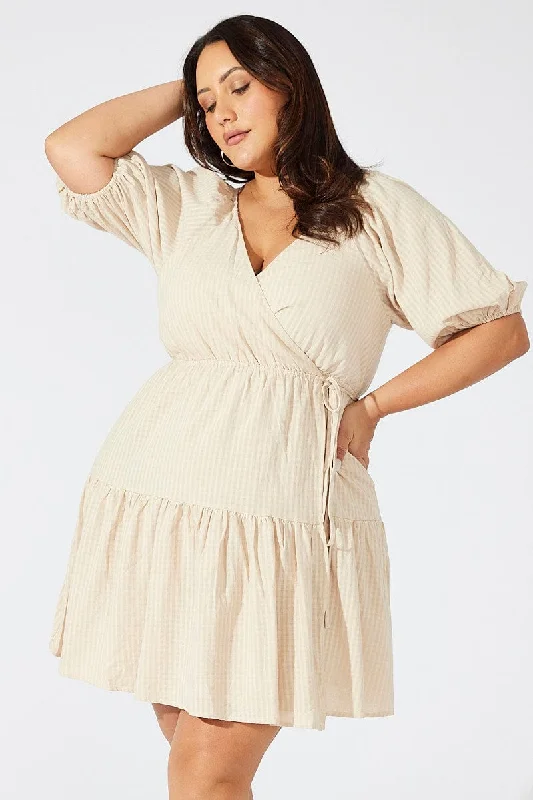 Wrap Dress with Button Detail -Wrap Dress for Dinner Party -Beige Textured Cotton Wrap Frill Minidress Wrap Dress with Button Detail -Wrap Dress for Dinner Party -Beige Textured Cotton Wrap Frill Minidress