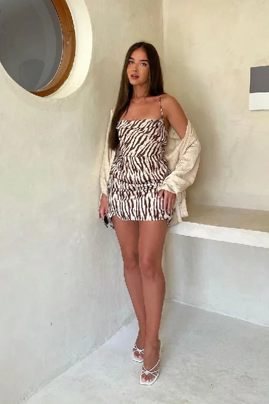 Women's Off-shoulder Mini Dress-Beige Zebra Print Satin Lace Up Mini Dress - Daph