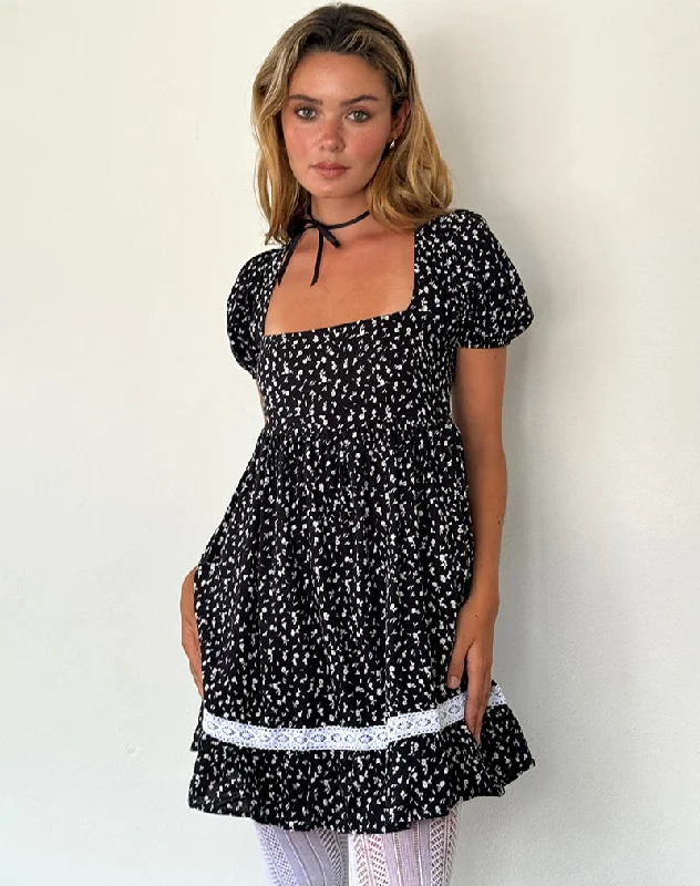 Women's Orange Mini Dress-Beling Mini Tea Dress in Black Ditsy Romance