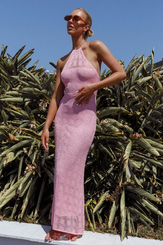 Women's Midi Maxi Dress-Bermuda Shores Crochet Maxi Dress Pink