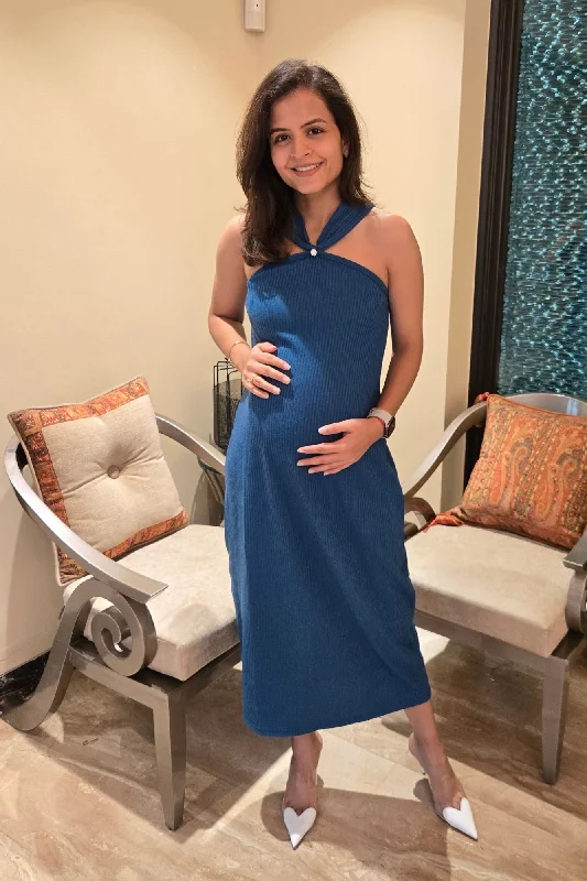 Maternity Dresses with Lace Trim -Berry Blue Ribbed Bump-Hugging Maternity Dress