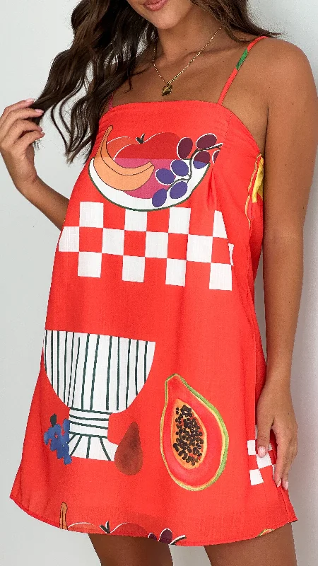 Women's Lace Back Sheer Mini Dress-Bethani Mini Dress - Red Papaya Print