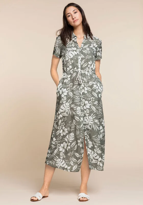 Button-up Pocket Shirt Dress-Bianca Jungle Print Midi Shirt Dress, Grey