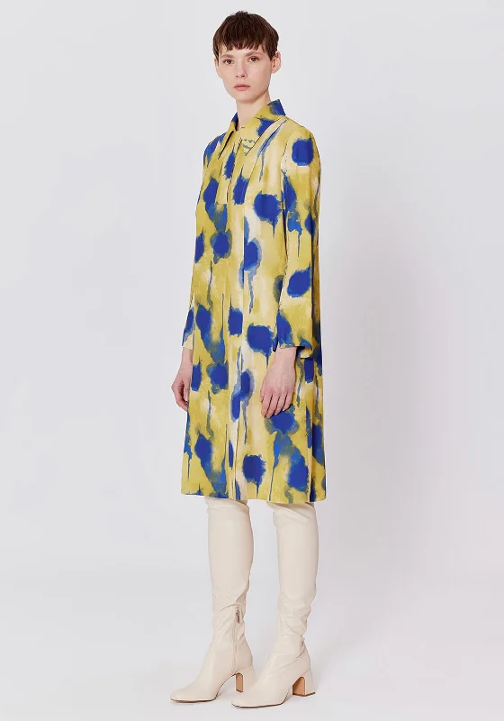 Relaxed Fit Shirt Dress-Birelin Ink Dye Knee Length Shirt Dress, Yellow & Blue