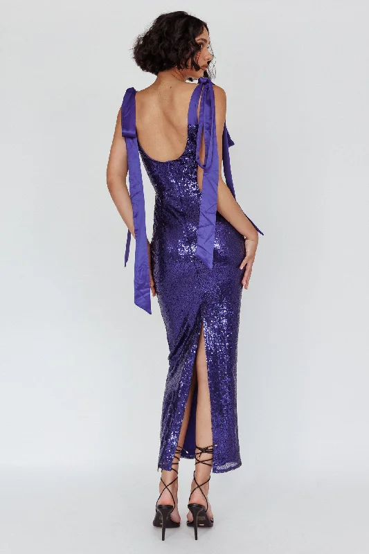 Women's Evening Maxi Dress-Birthday Wish Tied Shoulder Sequin Maxi Dress Blue