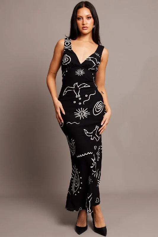 Women's Two-tone Maxi Dress-Black Abstract Maxi Dress Plunge V Neck Dress