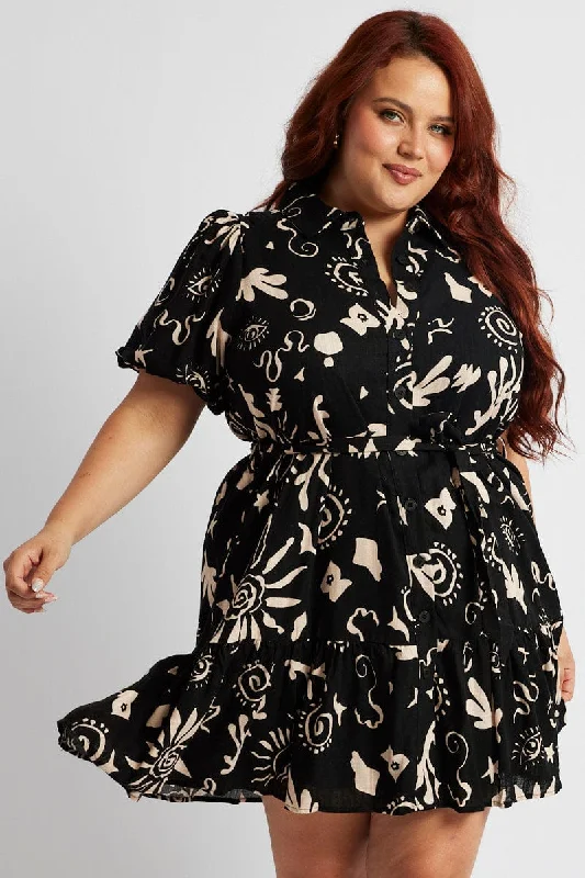 Embellished Long Shirt Dress-Black Abstract Shirt Dress Short Sleeve Self Tie