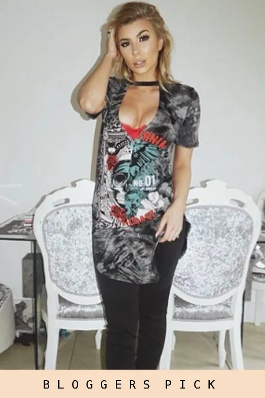 Summer Ready Shirt Dress-Black Acid Wash Cut Out Graphic Print T-Shirt Dress - Savannah
