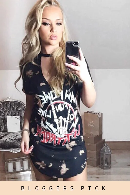 Shirt Dress with Lace Detail-Black Acid Wash 'Raw Power' Print Cut Out Choker T-Shirt Dress - Paige
