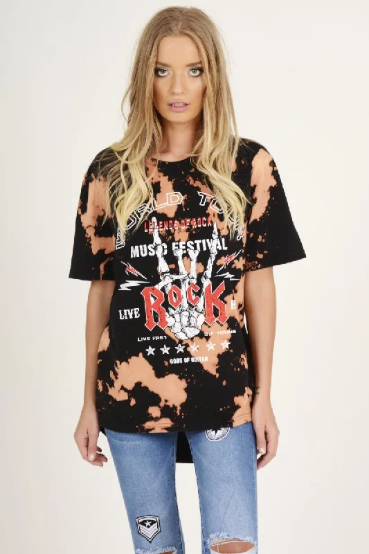 Relaxed Fit Shirt Dress-Black Acid Wash World Tour Slogan T-shirt Dress - Adel