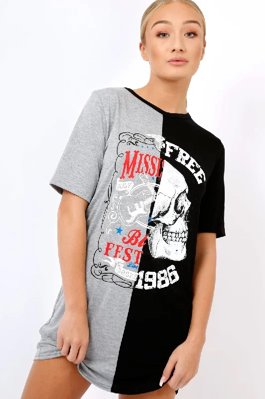 Printed Short Sleeve Shirt Dress-Black & Grey Skull T-shirt Dress - Christa
