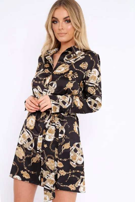 Belted Midi Shirt Dress-Black and Gold Chain Print Shirt Dress - Pollyann