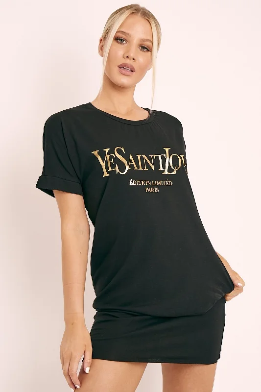 Long-sleeve Shirt Dress for Women-Black and Gold Parisian Slogan T-shirt Dress - Claire