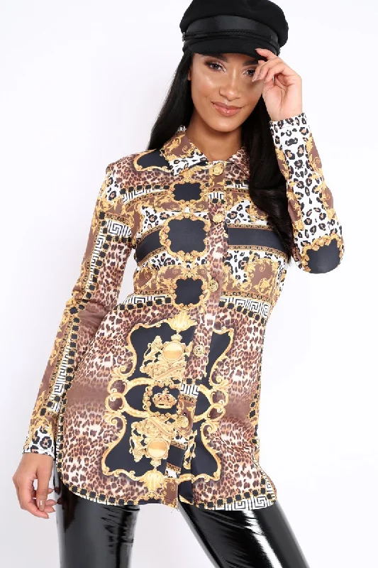 Button Front Shirt Dress with Pockets-Black and Gold Scarf Print Button Front Shirt Dress - Nyanna