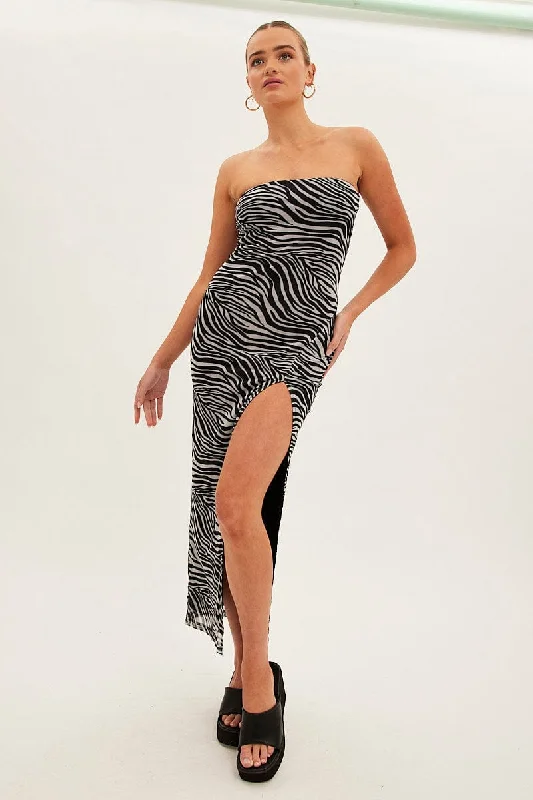 Bodycon Dress with Chiffon Overlay -Black Animal Print Bodycon Dress Midi Strapless Side Split Mesh Bodycon Dress with Chiffon Overlay -Black Animal Print Bodycon Dress Midi Strapless Side Split Mesh