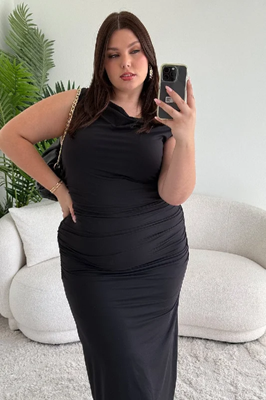 Black Bodycon Dress with Lace Detail -Black Asymmetric Supersoft Bodycon Maxidress