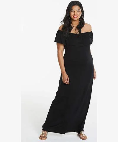 Women's Allover Print Maxi Dress-Black Bardot Maxi Dress