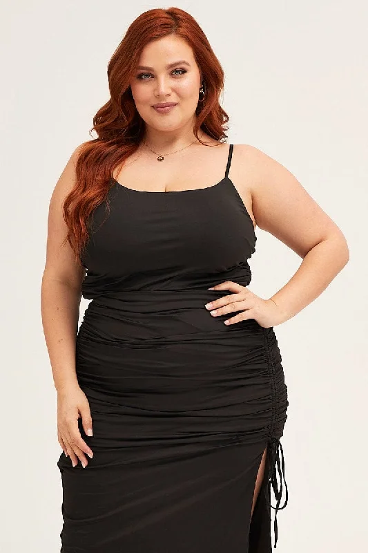 Short Sleeve Bodycon Dress -Black Jersey Sleeveless Ruched Bodycon Midi Dress