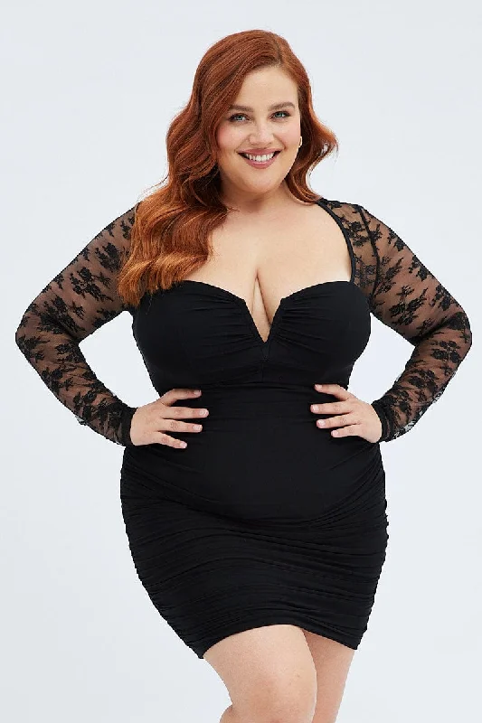 Plus Size Black Lace Bodycon Dress -Black Bodycon Dress Long Sleeve Lace Mesh