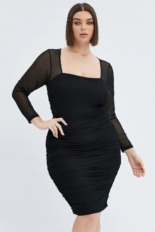 Women's Black Backless Bodycon Dress -Black Bodycon Dress Long Sleeve Ruched Mesh