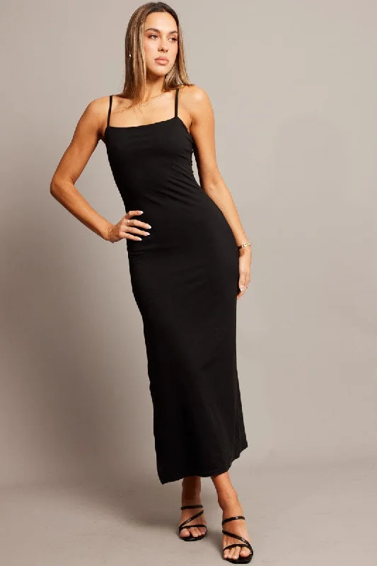 Women's Bodycon Dress with Fitted Waist -Black Bodycon Dress Maxi Supersoft