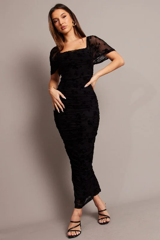 Women's Bodycon Dress with Sequin Detail -Black Bodycon Dress Mesh Burnout