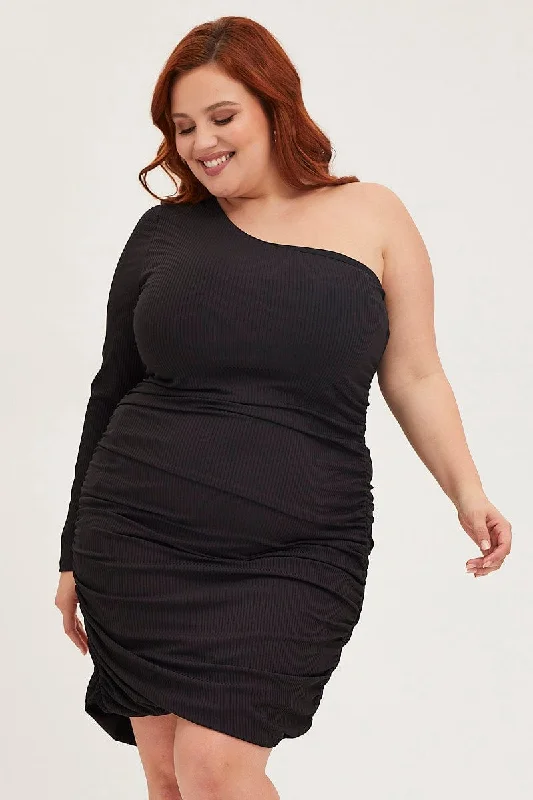Casual White Bodycon Dress -Black Bodycon Dress One Shoulder Long Sleeve Jersey