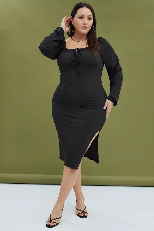 Cocktail Bodycon Dress -Black Bodycon Dress Rib Jersey Tie Midi Off Shoulder