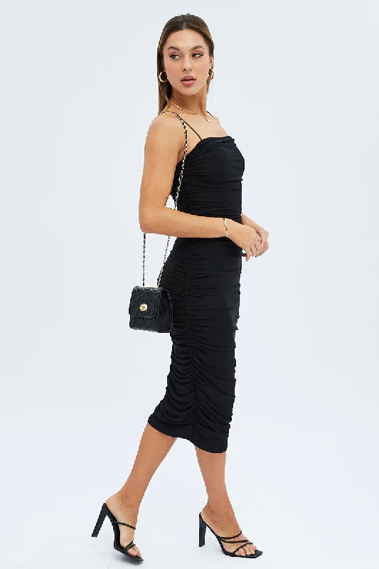 Sexy Black Bodycon Dress -Black Bodycon Dress Ruched Midi Mesh