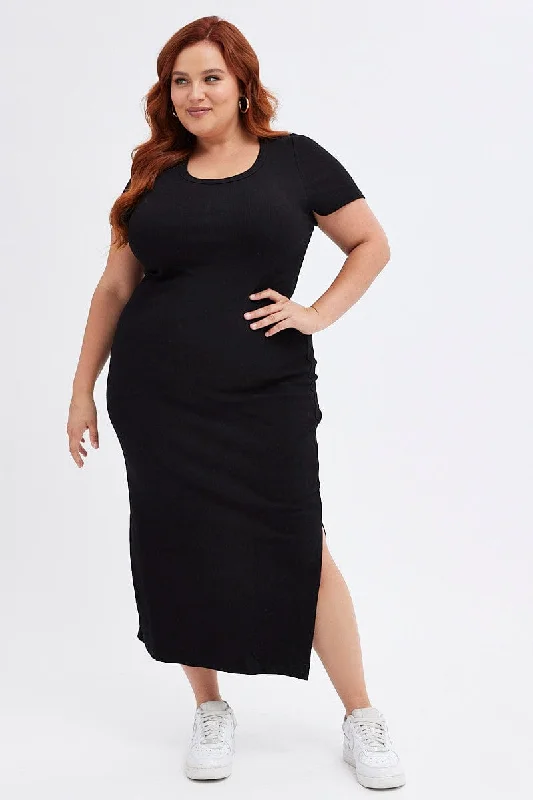 Casual Green Satin Bodycon Dress -Black Bodycon Dress Short Sleeve Midi Rib