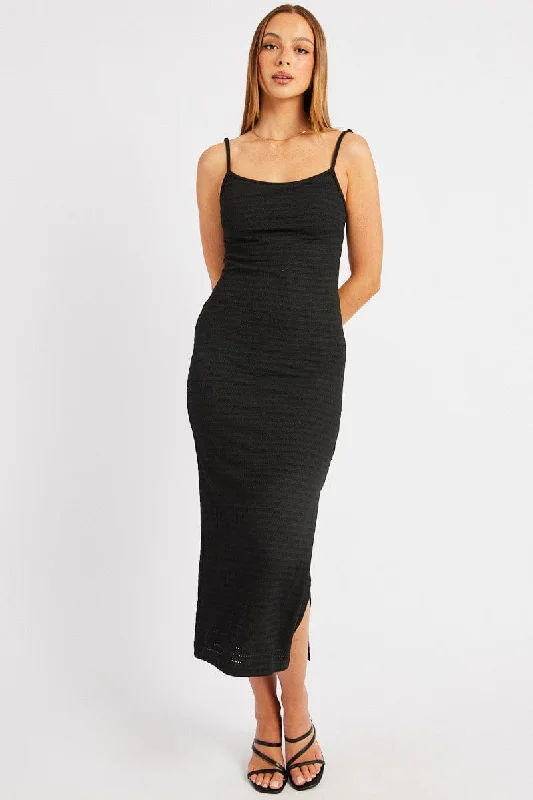 Casual Black Bodycon Dress -Black Bodycon Dress Singlet Textured Midi