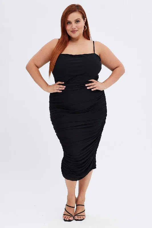 Satin Bodycon Dress -Black Bodycon Dress Sleeveless Midi Mesh