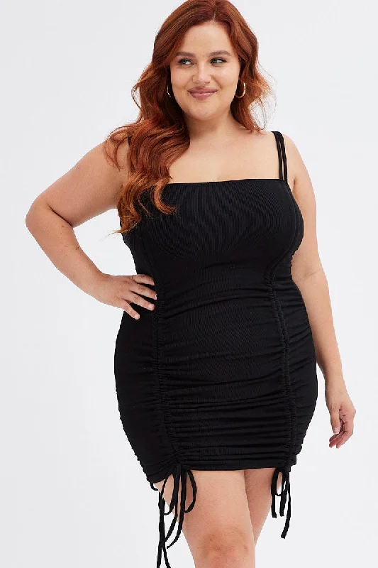 Midi Bodycon Dress -Black Bodycon Dress Sleeveless Ruched Rib