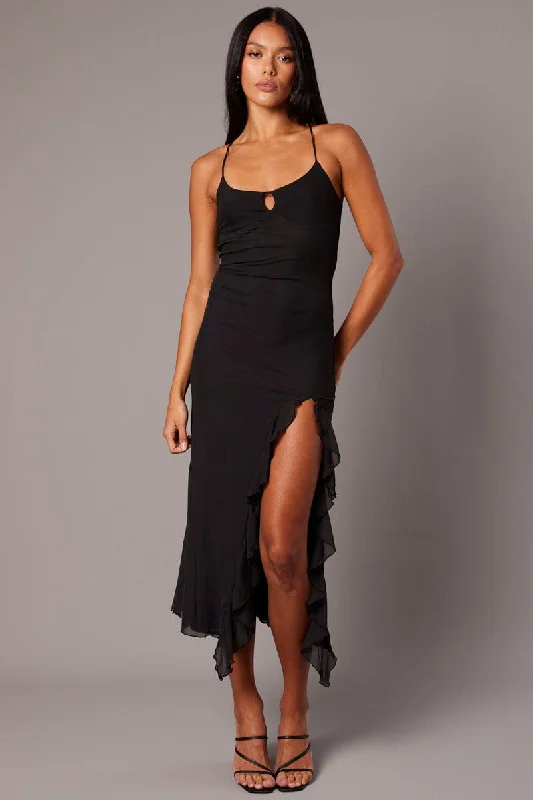 Stylish Off-shoulder Bodycon Dress -Black Bodycon Dress Sleeveless Ruffle Mesh