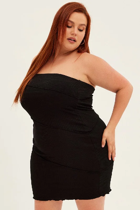 Trendy Bodycon Dress with Sleeves -Black Bodycon Dress Strapless Rib Jersey