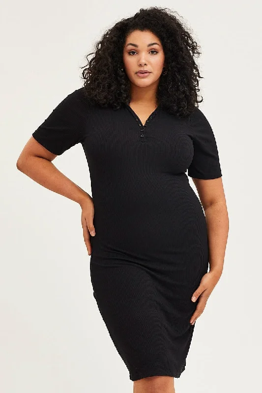 Women's Black Bodycon Dress with Lace -Black Bodycon Dress V-neck Long Sleeve Rib