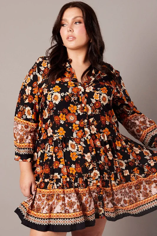 Casual Beach Shirt Dress-Black Boho Button Through Shirtdress