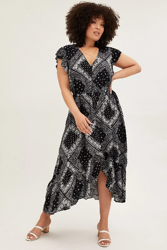 Women's Bodycon Maxi Dress-Black Boho Maxi Dress Bandana Button Front High Low