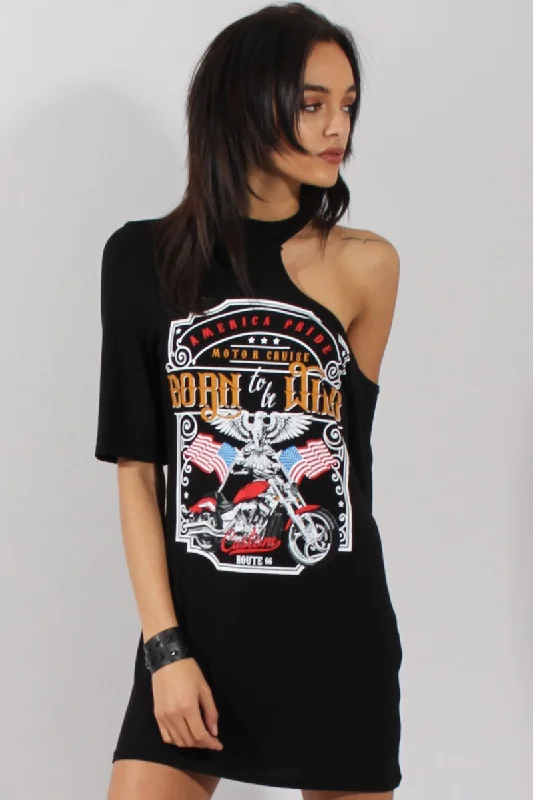 Formal Shirt Dress-Black Born To Be Wild Cut Out Shoulder T-Shirt Dress - Lorelei