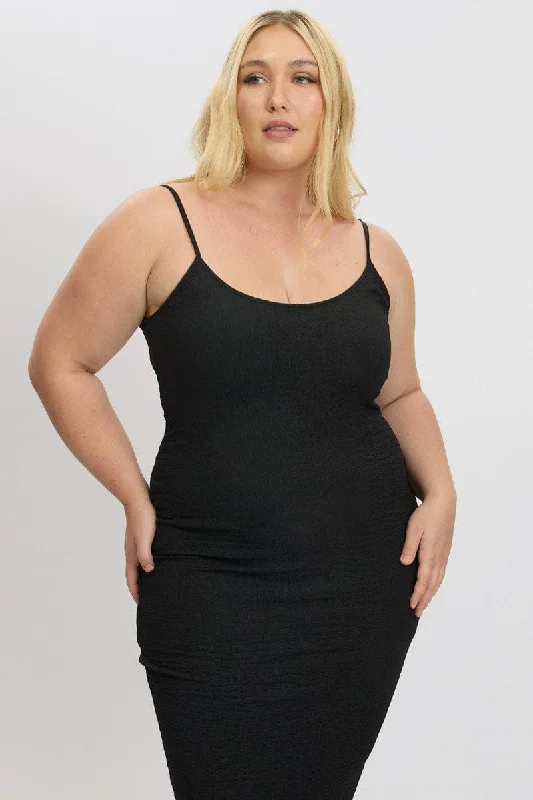 Bodycon Dress with Lace and Mesh -Black Bubble Texture Strappy Bodycon Scoop Neck Dress